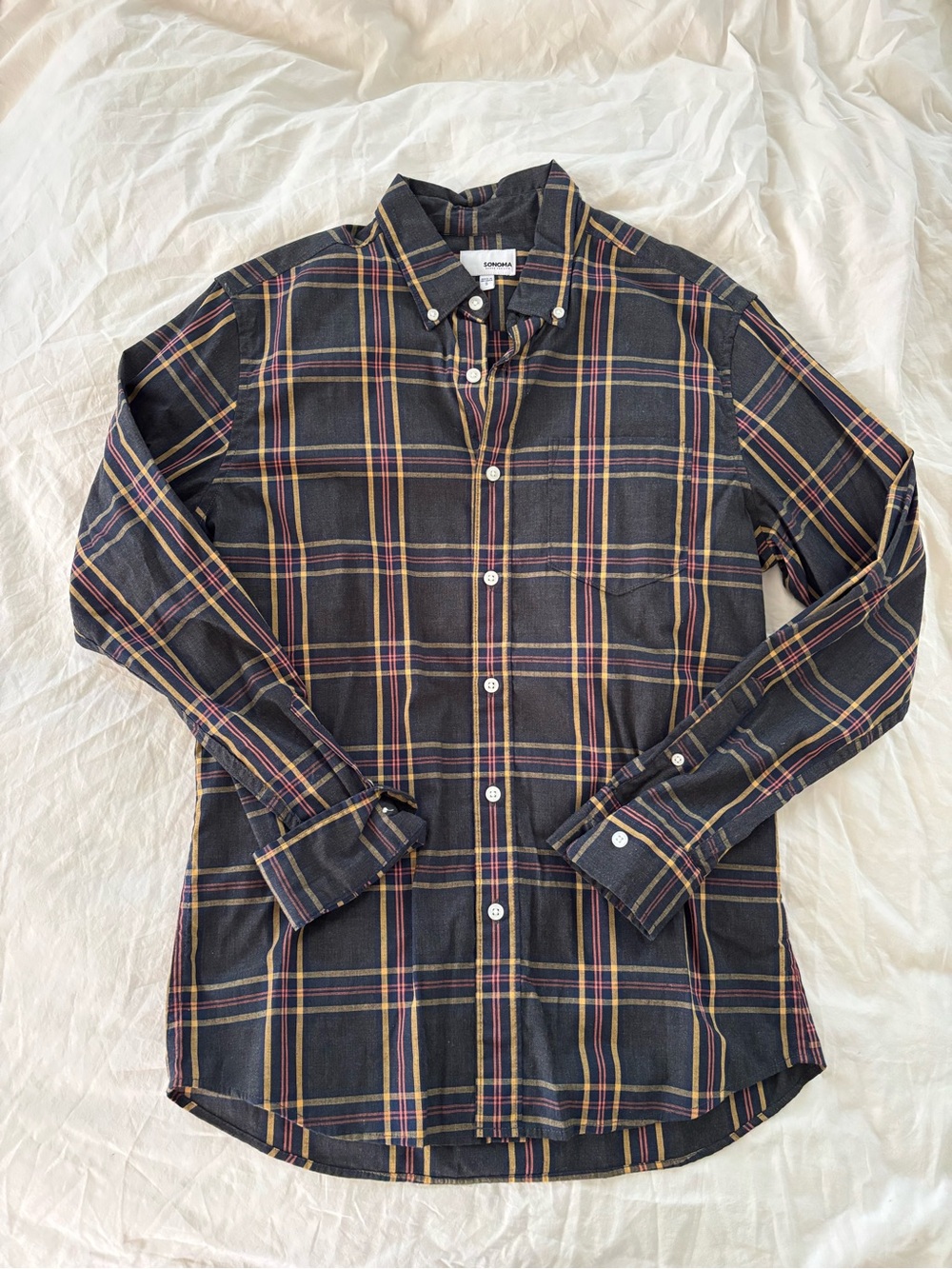 Sonoma Black Plaid Button-Down Shirt with Yellow and Red Stripes
